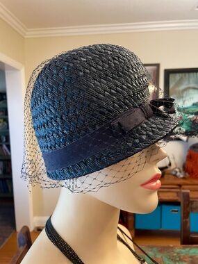 Sears Millinery Vintage Navy Woven Straw & Mesh Hat 1950’s